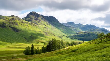 Obraz premium Lush green valley landscape with rolling hills under a cloudy sky, showcasing nature's beauty