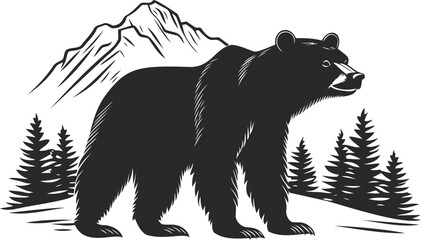 Obraz premium Bear in pine forest with mountain backdrop illustration in black and white. Vector illustration
