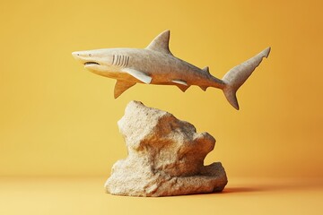 Naklejka premium Light beige shark perched atop a beige rock formation.