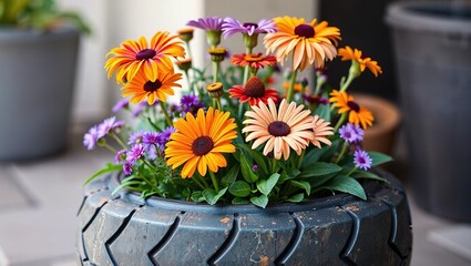 Recycled Tire Planter Blooms - Orange, Purple, and Silver Flowers