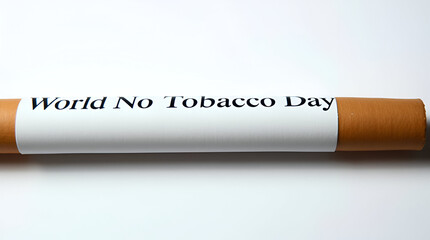 A cigarette with &ldquo; World No Tobacco&rdquo; written in elegant black font, lying on an iridescent surface. Harsh lighting casts deep shadows, symbolizing No Tobacco Day and the global anti-tobacco message.