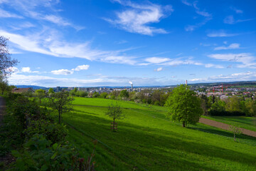 Scenic view of rural landscape with Glatt valley and skyline in the background at Swiss City of Zürich on a spring afternoon. Photo taken April 20th, 2025, Zurich Schwamendingen, Switzerland.