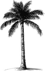 Illustration of a tall palm tree in black and white line art. Vector illustration