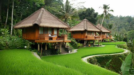 Obraz premium Wooden Huts on Rice Terraces in Bali