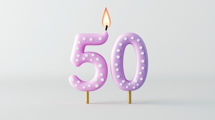 Colorful Birthday Candle Shaped Like Number 50 with Lit Flame on Soft Background