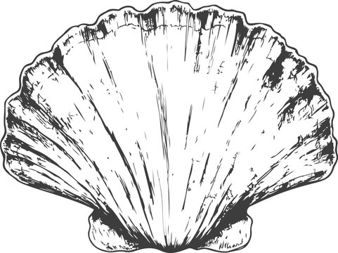Detailed black and white illustration of a scallop shell, artistic vintage style. Vector illustration