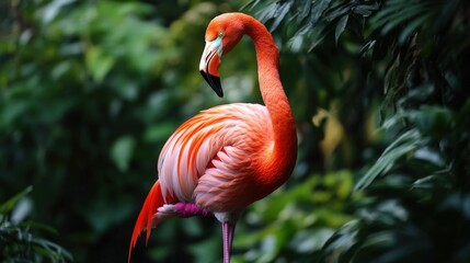 Fototapeta premium A vibrant pink flamingo stands gracefully in a lush green environment