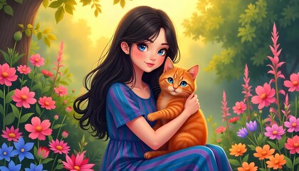 a young woman with long dark hair and blue eyes, sitting in a garden with a red cat. The woman is wearing a blue and purple striped dress and is holding the cat in her arms. The cat is orange with blu
