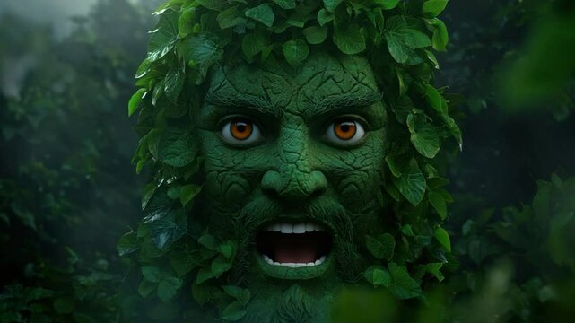 Serene Nature Spirit Emerges from Lush Greenery Surrounded by Vibrant Plant Life in a Mystical Forest Setting