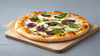 Artisan Sausage And Red Onion Pizza on Wooden Board