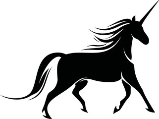 Obraz premium Silhouette of a galloping unicorn in black and white, mythical fantasy illustration. Vector illustration