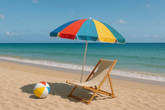 Una sombrilla, una tumbona y un bal&oacute;n de playa en la arena 