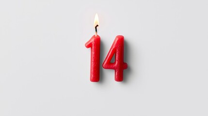 Vibrant Red Birthday Candle Shaped Like Number Fourteen with Flickering Flame Against Grey Background