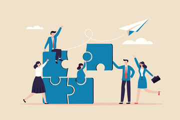 Employee engagement improve involvement or encourage employee success together, increase value and workplace motivation concept, happy business people, employees help complete jigsaw in their office.