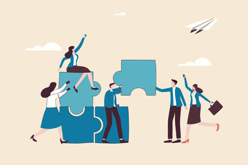 Employee engagement improve involvement or encourage employee success together, increase value and workplace motivation concept, happy business people, employees help complete jigsaw in their office.