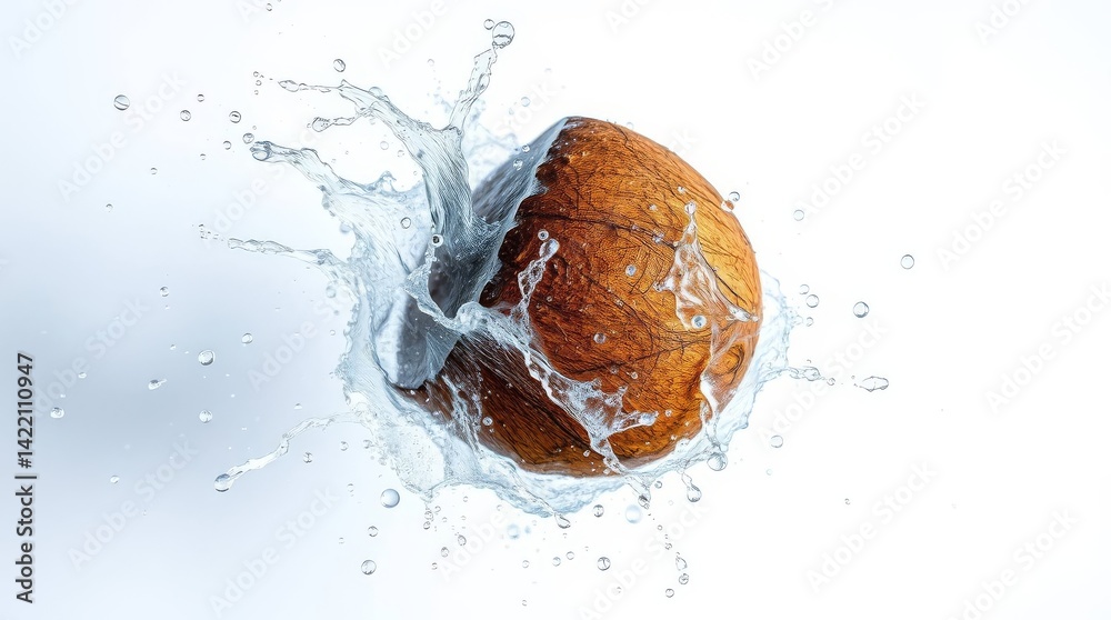 Poster coconut splashing in water creating a refreshing tropical sensation