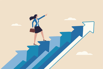 Career growth, growing business or leadership to overcome challenge, motivation to succeed, career development or ambition to success concept, confidence businesswoman walking up growth arrow stair.
