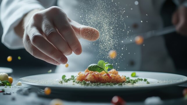 Hands, food or sprinkle on dish for fine dining, culinary school or luxury restaurant. Chef, healthy protein or spices on plate for seasoning, catering and hospitality for event in commercial kitchen