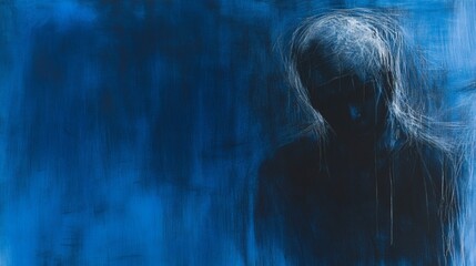 Fototapeta premium Solitary Figure, Blue Background, Depression, Emotional Artwork, Mental Health