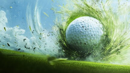 Golf ball impacting lush green grass, close-up shot with blue sky. Perfect for sports advertising, golf events, and related promotions.