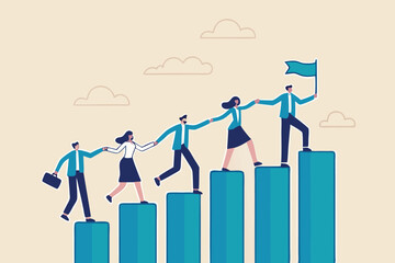 Teamwork to success together, employee career path or partnership support to help business growing, team collaboration or mentor and training concept, business people help team climbing growth chart.