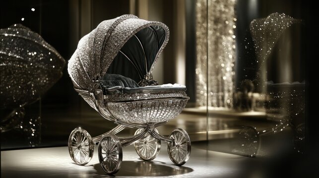 Exquisite crystal stroller.  Luxury baby carriage adorned with glittering crystals.  Opulent design for a child's conveyance