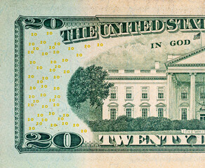 Fragment of 20 US dollar banknote for design purpose. Closeup of assorted American banknotes. US...