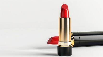 Closeup beautiful red lipstick tube in black and gold cover isolated on white background.
