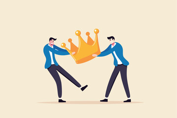 Staff conflict or employee argument, fighting for job promotion or jealousy colleague concept, angry coworker fighting by pulling golden crown metaphor of job promotion position.