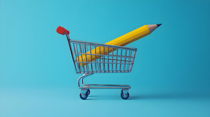 Yellow Pencil in Miniature Shopping Cart on Blue Background