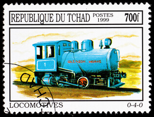 Postage stamp of Tchad with a retro train.