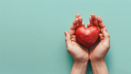 Adult and child hands holding a red heart on an aqua background symbolize heart health, donation, corporate social responsibility, World Heart Day, World Health Day, and Family Day