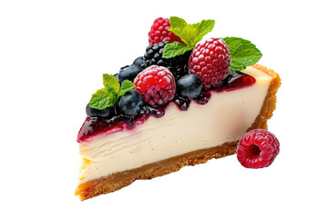 A luscious slice of creamy cheesecake, adorned with a vibrant medley of fresh raspberries, blueberries, and blackberries, glistening under a rich berry glaze; a tempting dessert.