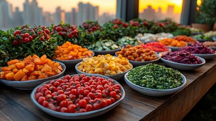 Fototapeta premium Vibrant display of fresh vegetables and fruits at sunset overlooking a city skyline