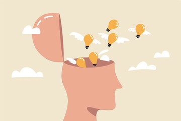 Idea generation, develop new idea or solution to solve problem, thinking process to generate creativity or answer, learning or brainstorm concept, bright lightbulb ideas flying from genius human head.