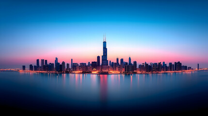 Fototapeta premium City Skyline at Sunset with Water Reflection