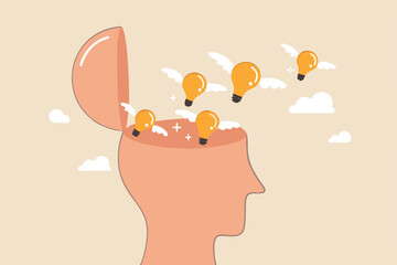 Idea generation, develop new idea or solution to solve problem, thinking process to generate creativity or answer, learning or brainstorm concept, bright lightbulb ideas flying from genius human head.