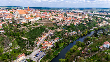 Fototapeta premium panoramic drone shot of znojmo old town and rooftops