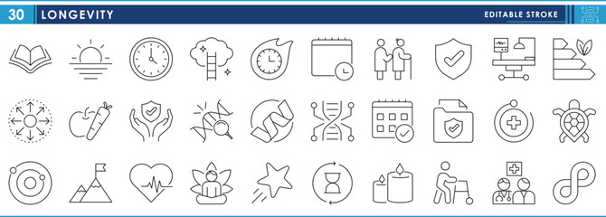 A set of line icons related to Longevity. Age, sun, heartbeat, calendar, deadline, elderly, shield, healthcare, DNA, and so on. Vector editable stroke.
