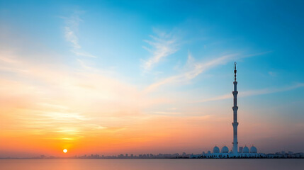 Obraz premium City Skyline Silhouette at Sunset with Tall Tower