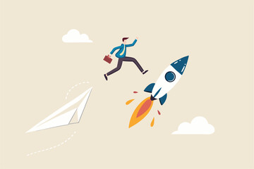 Change to better company, innovation to help success or career change to new path, alternative way or direction concept, ambitious businessman jump from old origami airplane to growing up rocket.