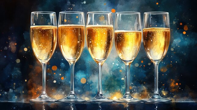 Five elegant champagne glasses filled with bubbly drink against a colorful, festive background