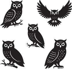 Collection of Black and White Owl Silhouettes