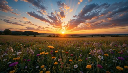 Obraz premium Vibrant Sunset Over Flower Field with Colorful Wildflowers