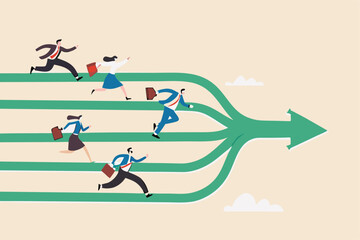 Collaboration or working together to achieve target, leadership to drive team success, teamwork or unity to win business concept, business people running their way to fuse in one strong direction.