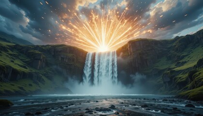 Obraz premium Majestic Waterfall with Explosive Sunrise Over Lush Green Landscape