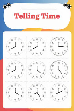 A colorful telling time educational worksheet for kids, kids study practise material.