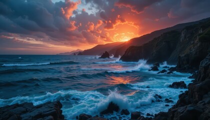 Fototapeta premium Majestic Sunsets Over Rugged Coastline with Dramatic Cloudscape