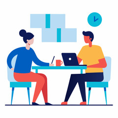 Two People Working and Talking in Open Space Office Vector on White Background