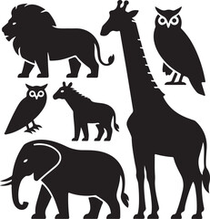 African Wildlife Silhouette Set Lion Giraffe Elephant Zebra Owls